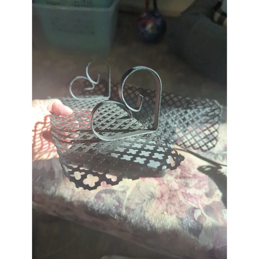 2 Vintage Black Metal Mesh Wall Shelves MCM Filigree Stamp Cut